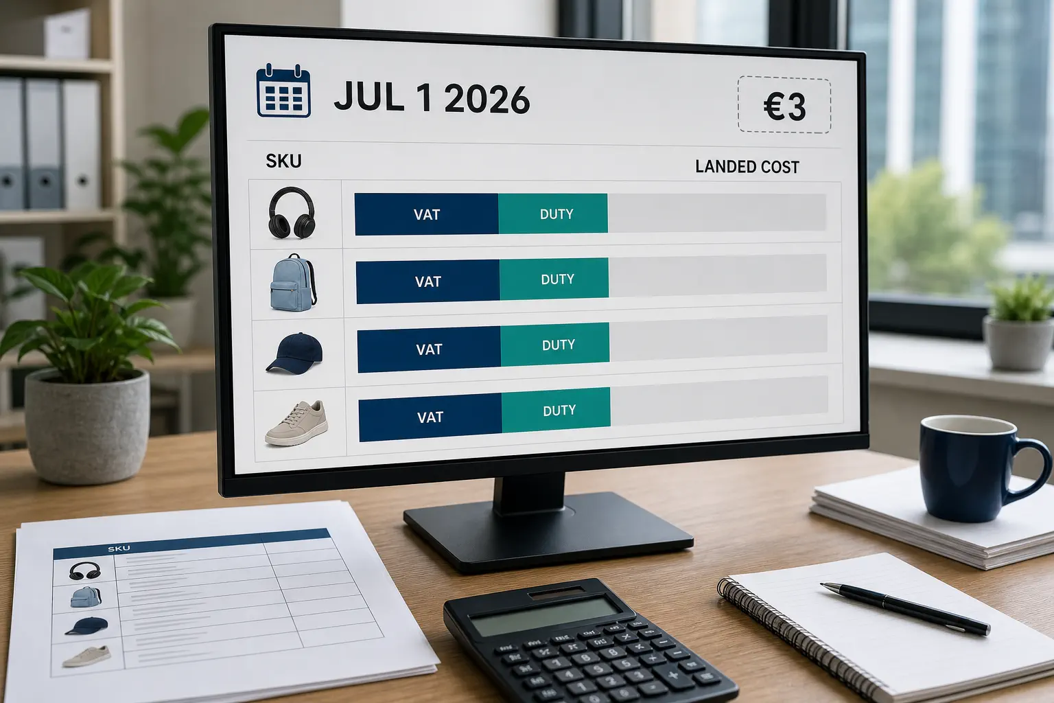 Landed-cost dashboard showing the July 1 2026 date, VAT, duty, and SKU-level review
