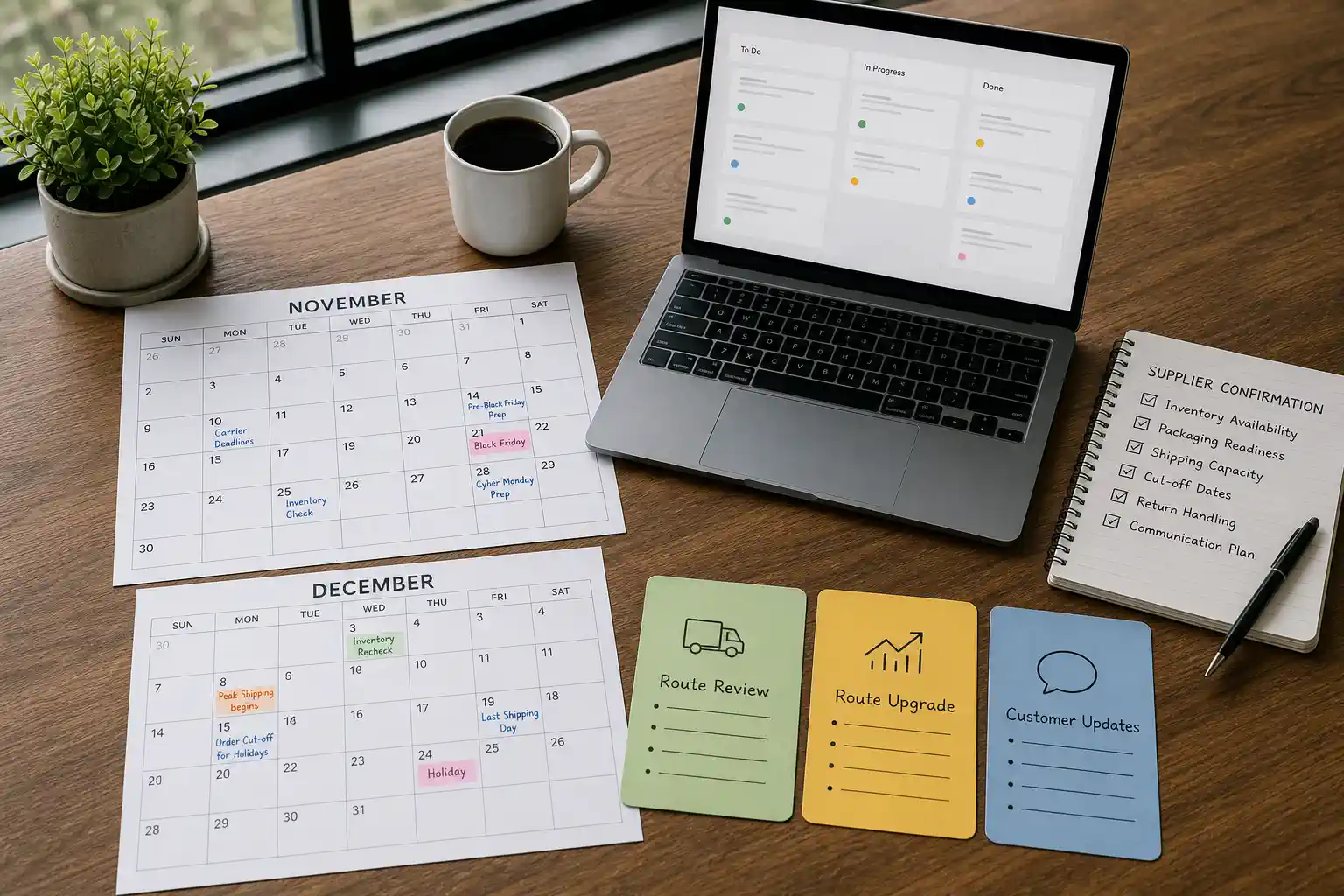 November and December logistics calendar with route review and customer update deadlines
