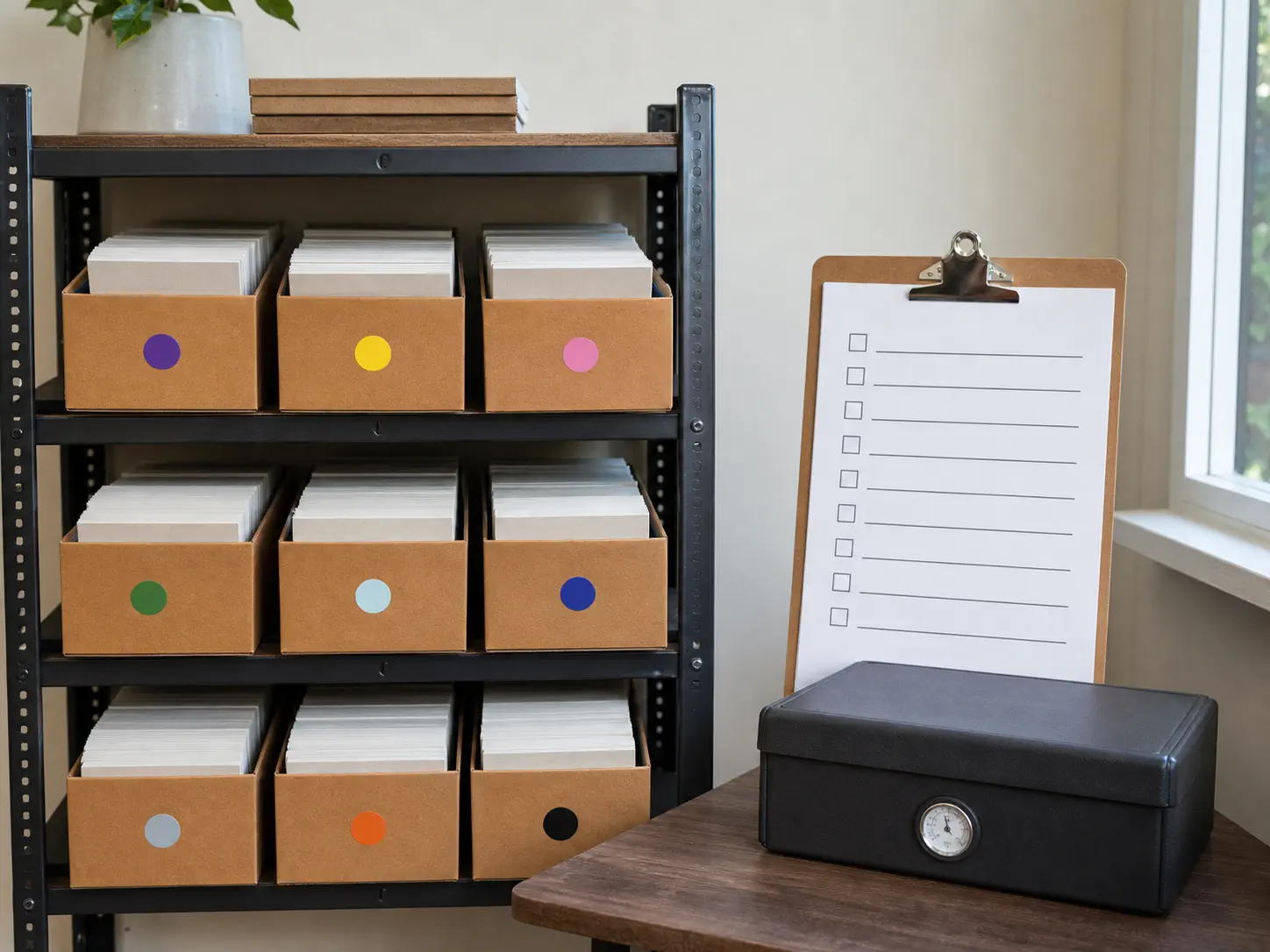 Flat insert inventory in labeled bins with an undated reorder worksheet