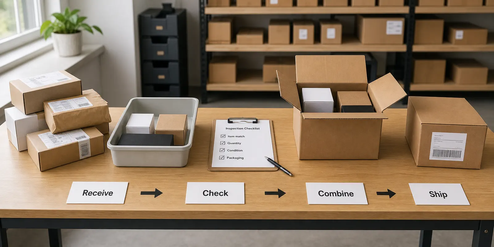 A receiving checking combining and shipping workflow for multi-supplier orders