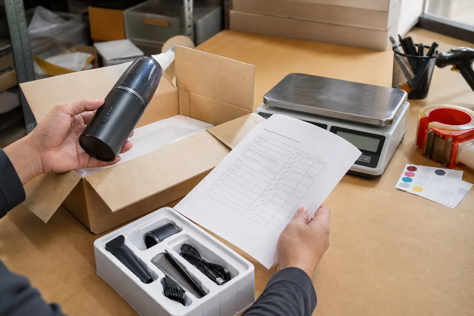 A packing station using a printed SKU checklist to verify product, accessories, and parcel condition