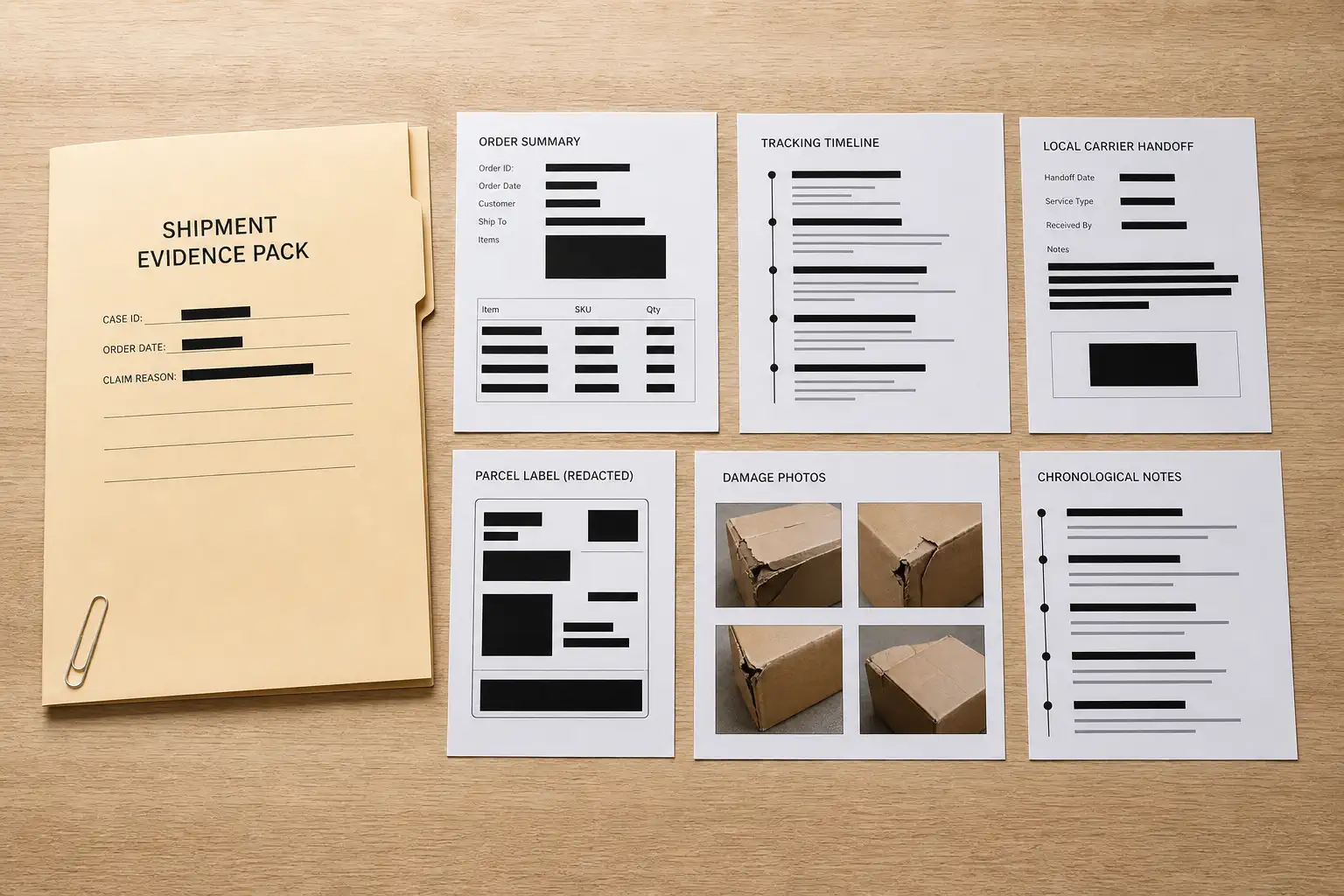 A privacy-safe shipment case file contains order tracking handoff and damage evidence