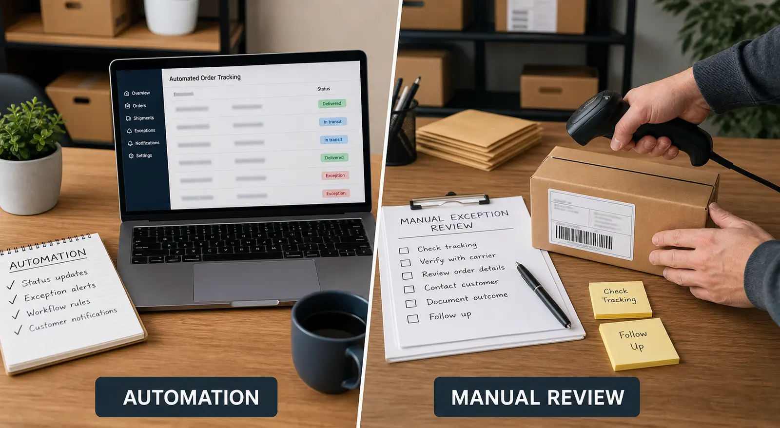 Generic ecommerce automation screen beside a manual shipment exception checklist