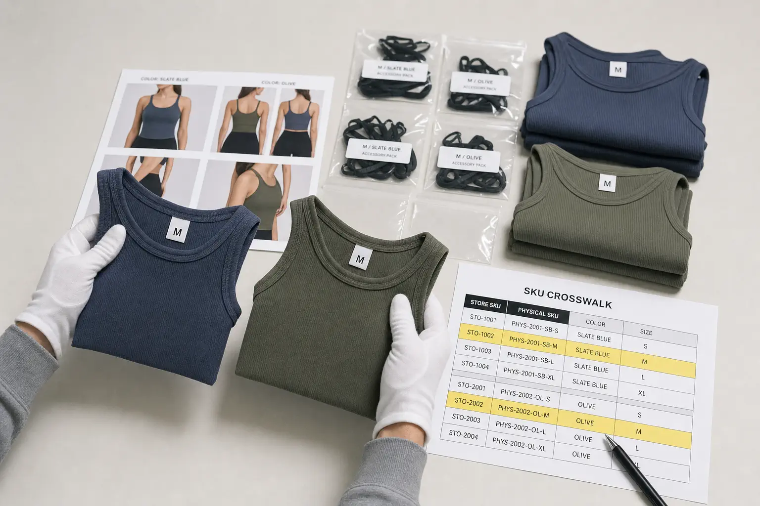 Product samples variant labels and a SKU crosswalk being checked under neutral light