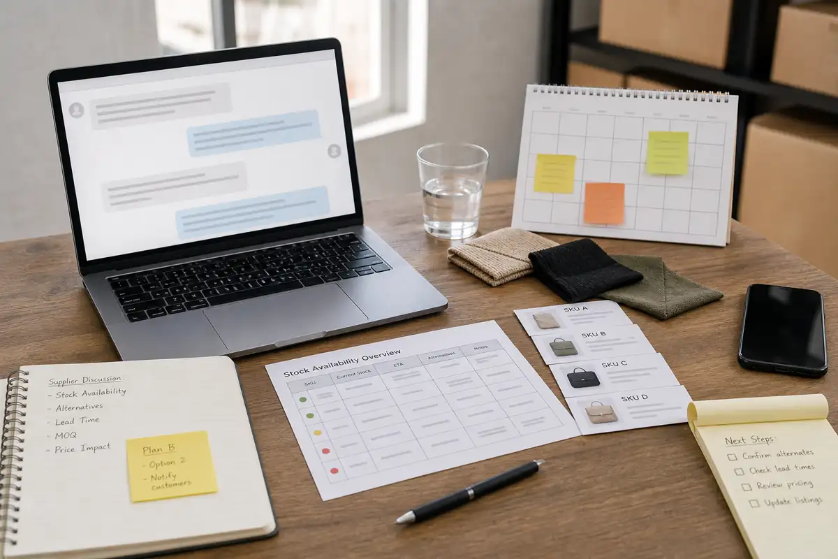 Supplier stock negotiation desk with product samples, SKU cards, calendar, and availability notes