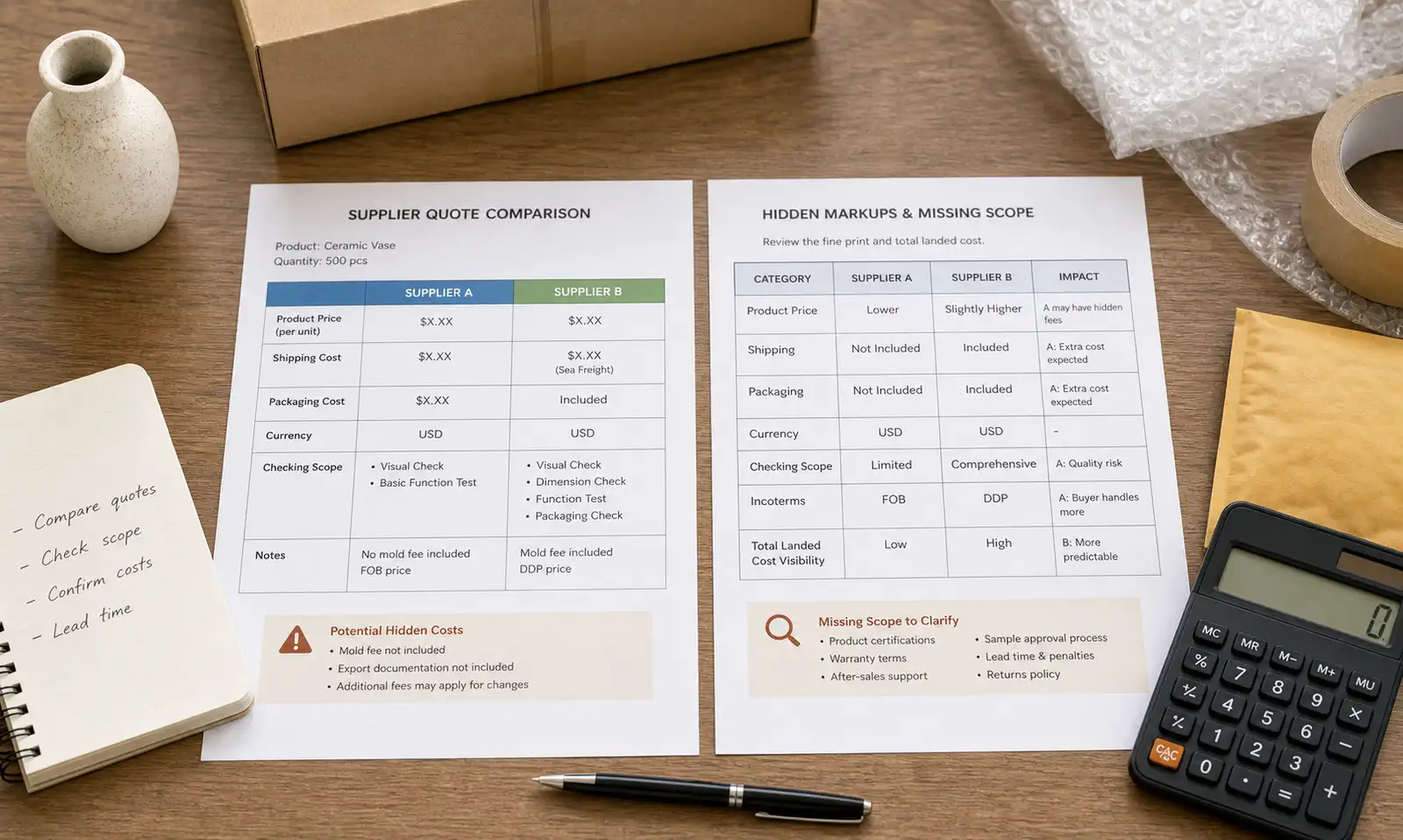 Supplier quote comparison desk with product price shipping packaging and currency fields highlighted