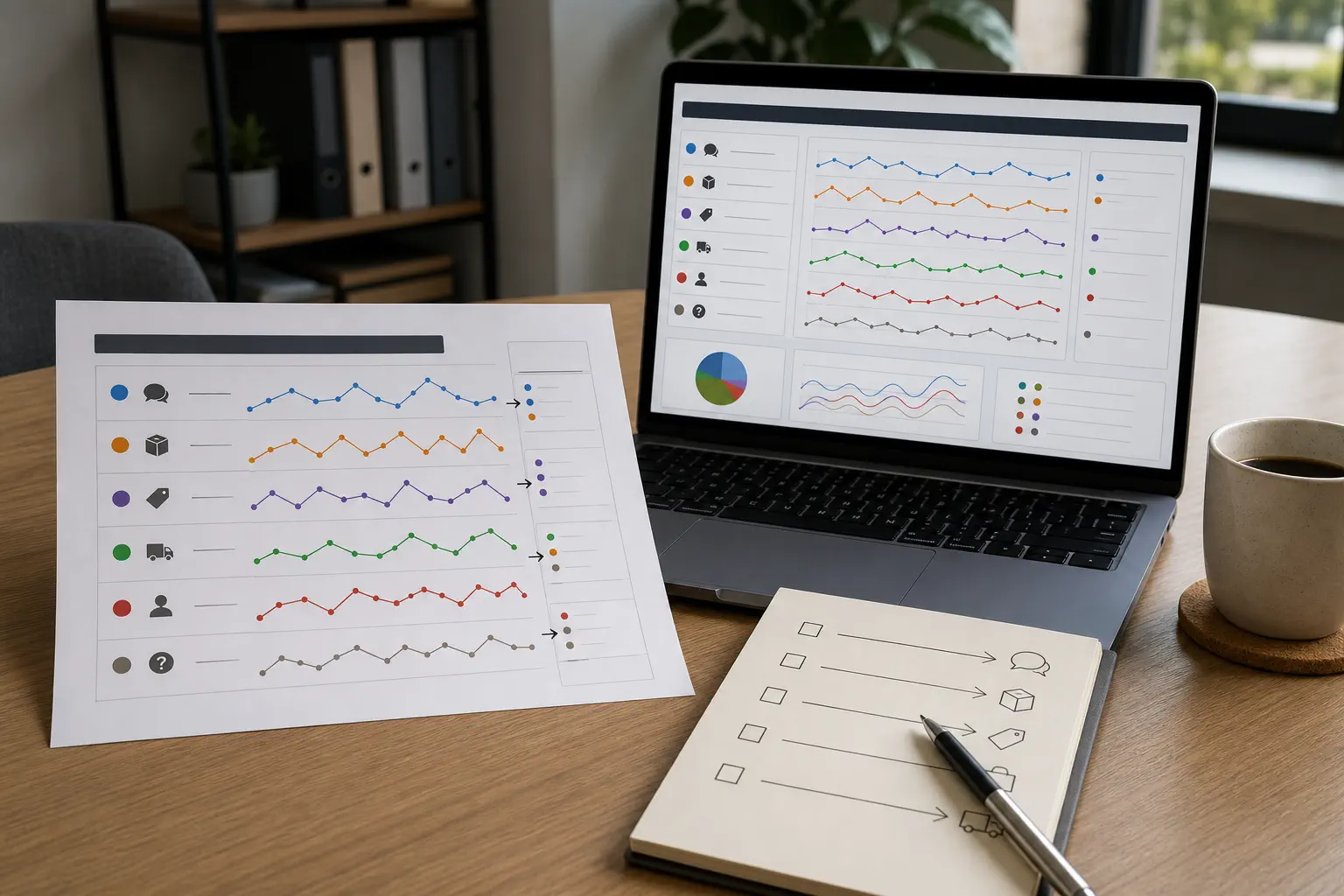 A laptop and printed support report group recurring issue patterns by customer message, product, supplier, and shipping cause