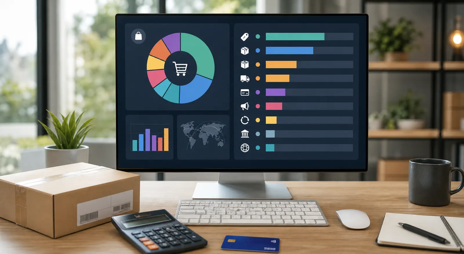 A business dashboard shows an Australian order margin built from selling price, product cost, packaging, shipping, payment fees, advertising, refunds, and currency conversion