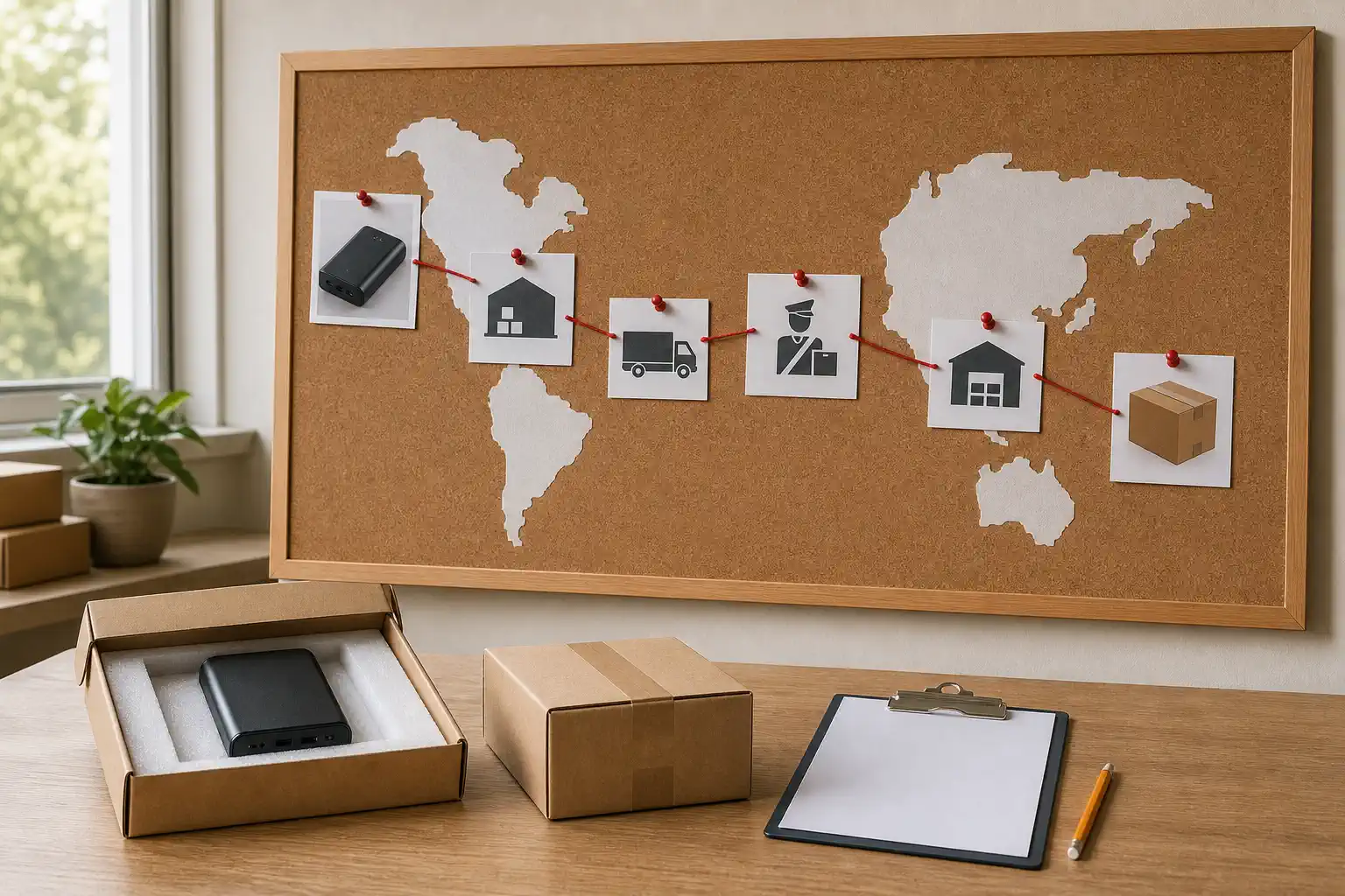 Physical route board linking product configuration, origin airport, carrier approval, customs, and final delivery