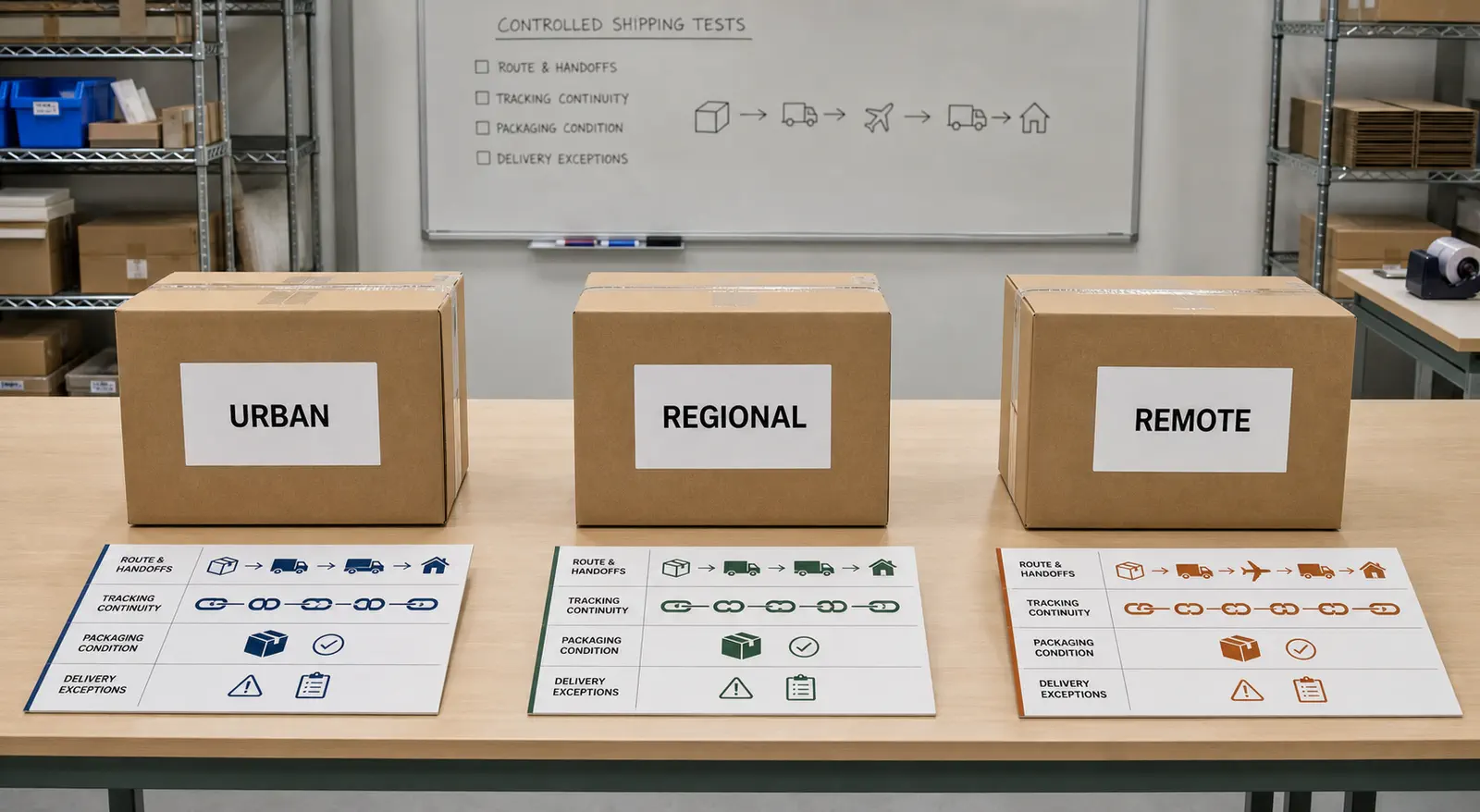 Three controlled parcels compare urban, regional, and remote Canadian shipping paths, tracking continuity, packaging condition, and exceptions