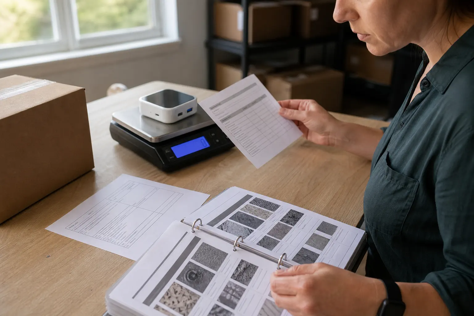 Compliance specialist comparing product specifications, invoice data, parcel weight, and classification records