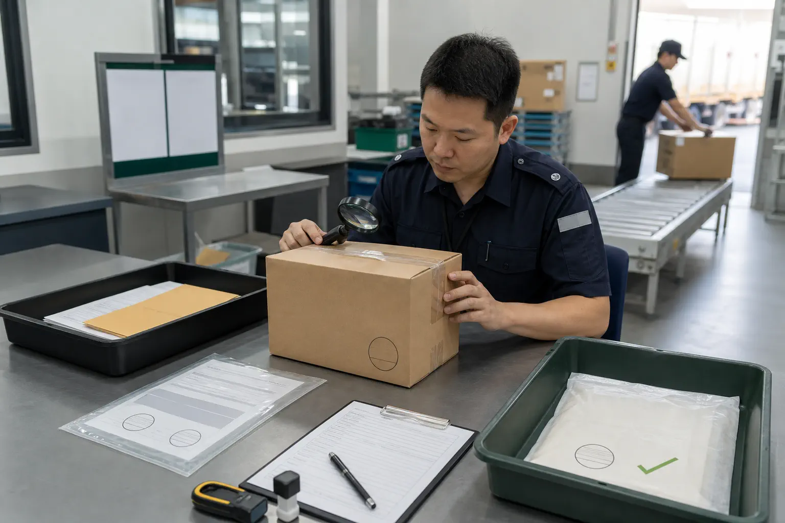 An import inspector reviews a neutral parcel beside review and release trays