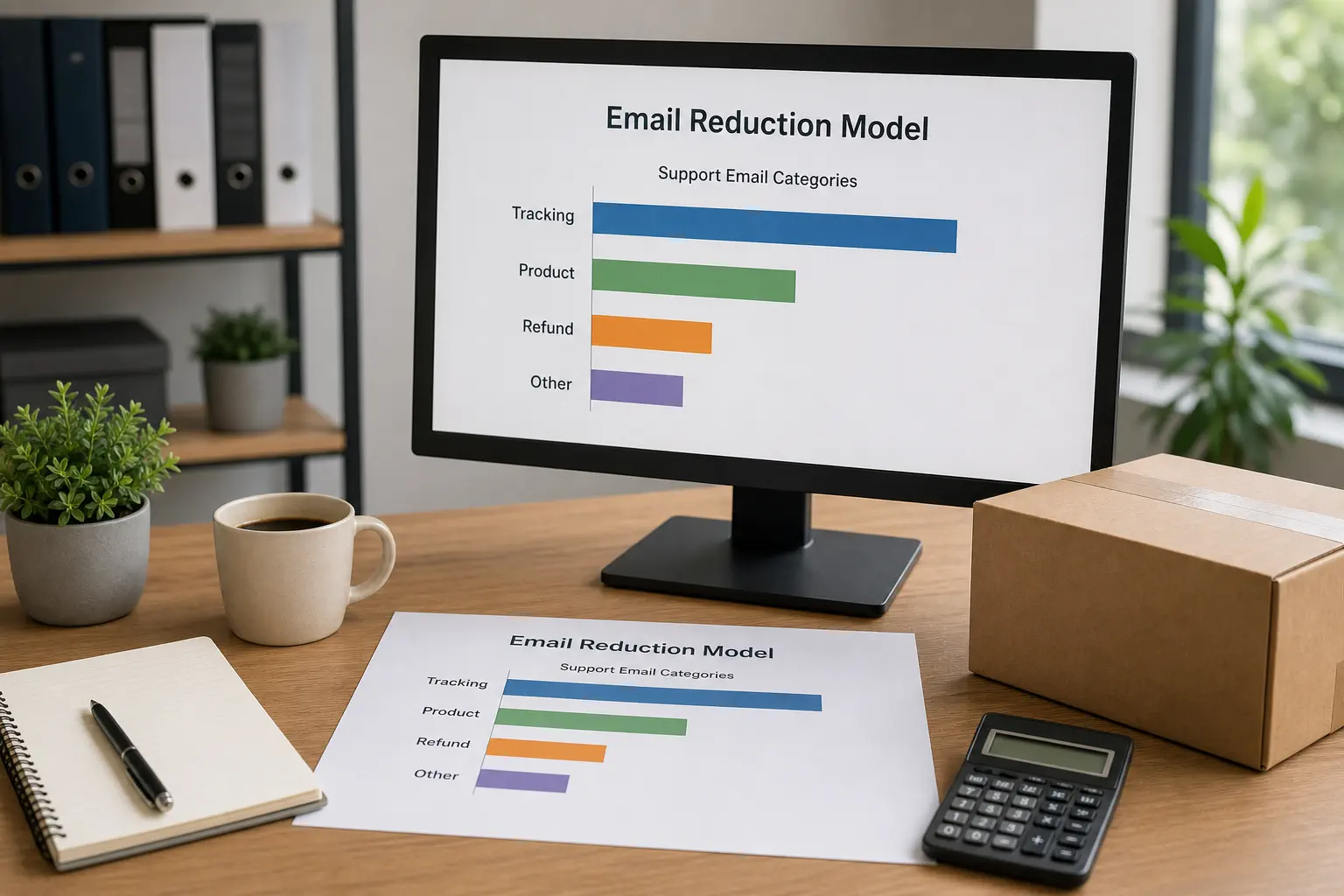 Business dashboard showing tracking product refund and other support email categories