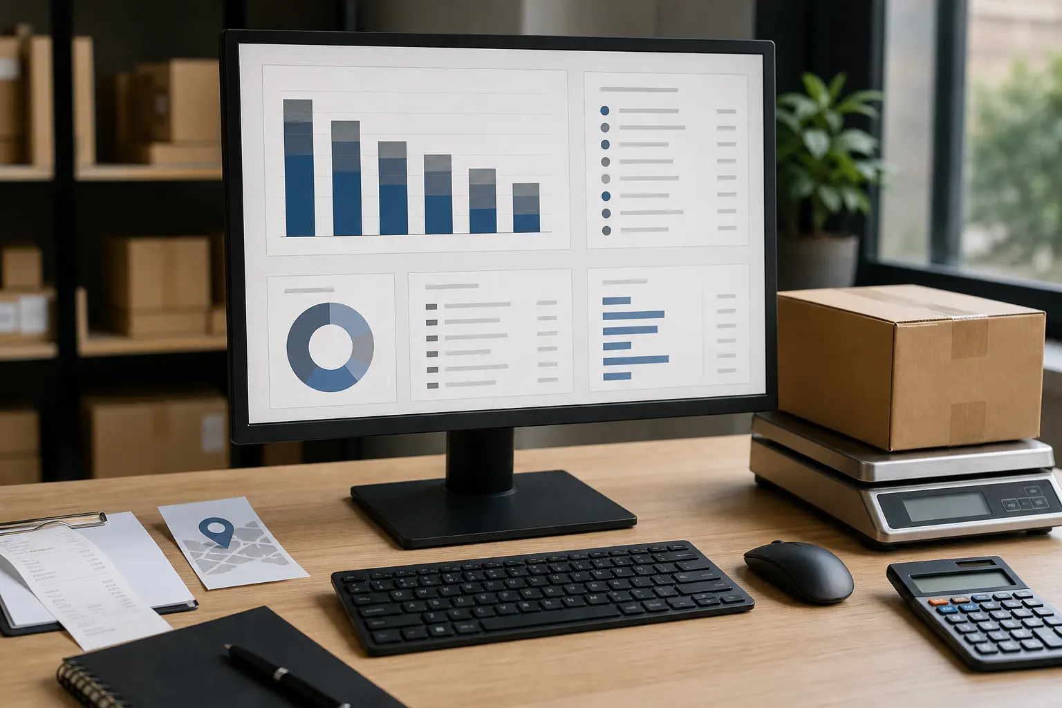 Generic cost dashboard beside a parcel scale, calculator, receipt, and remote-area map card