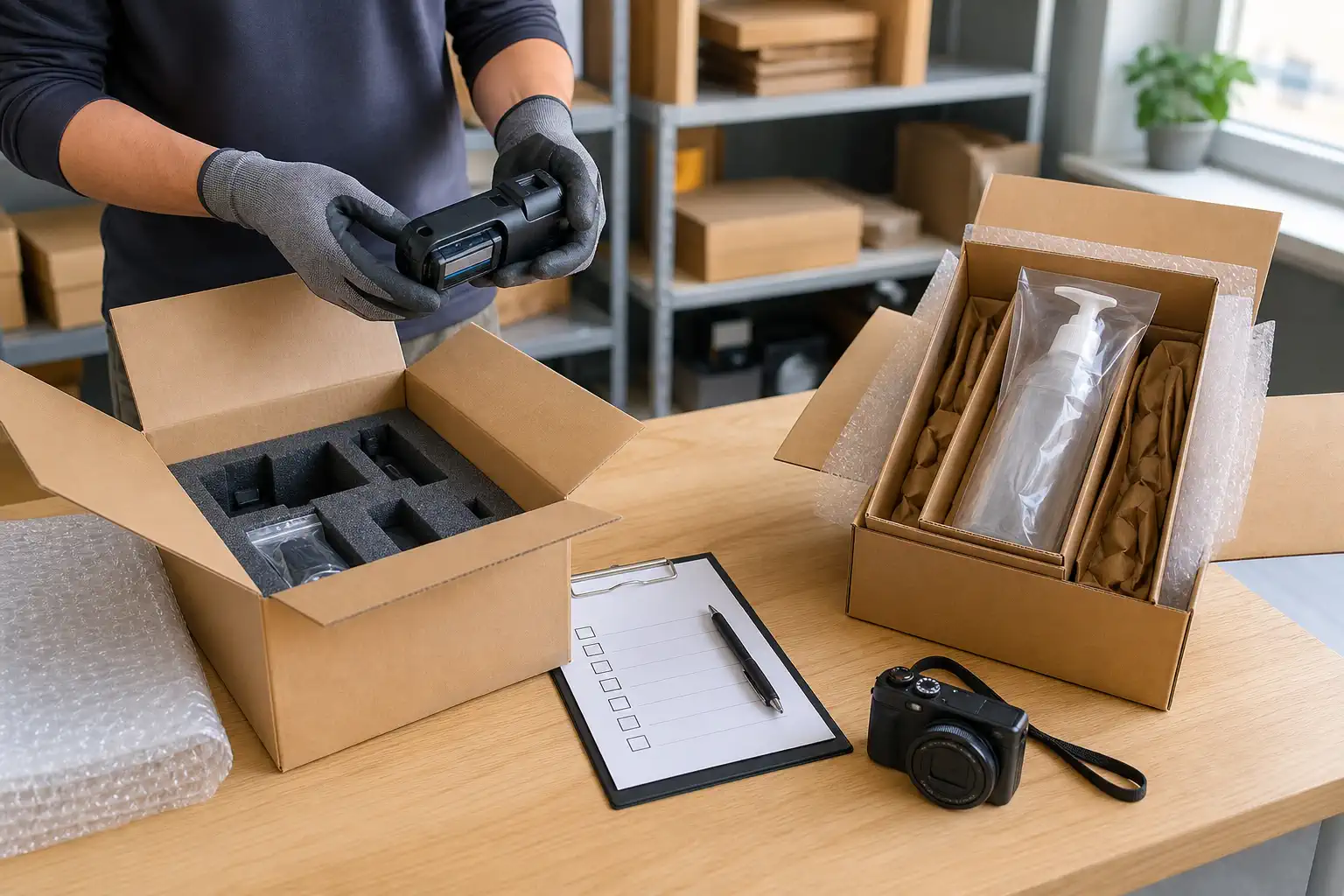 Pre-dispatch packing bench checking battery installation, sealed liquid container, cushioning, and labels