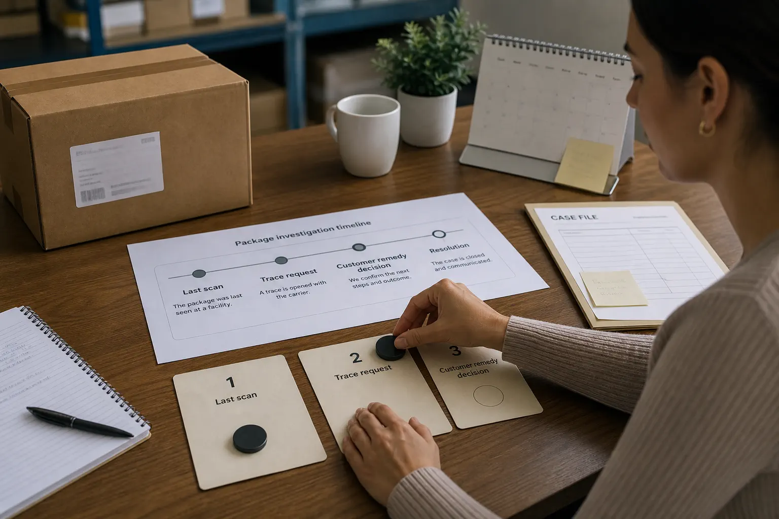 A parcel investigation board shows staged checks from last scan to claim decision
