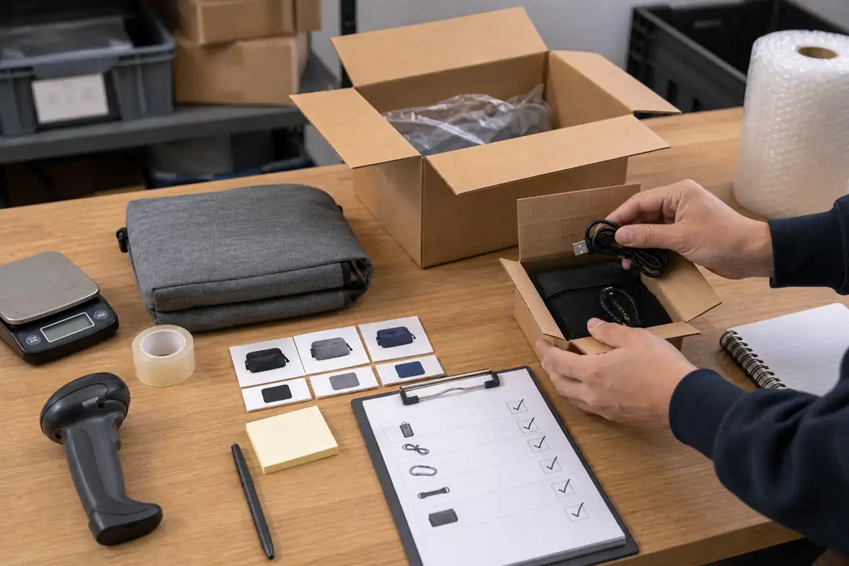 Packing table with product sample, accessories, variant cards, scanner, and inspection checklist
