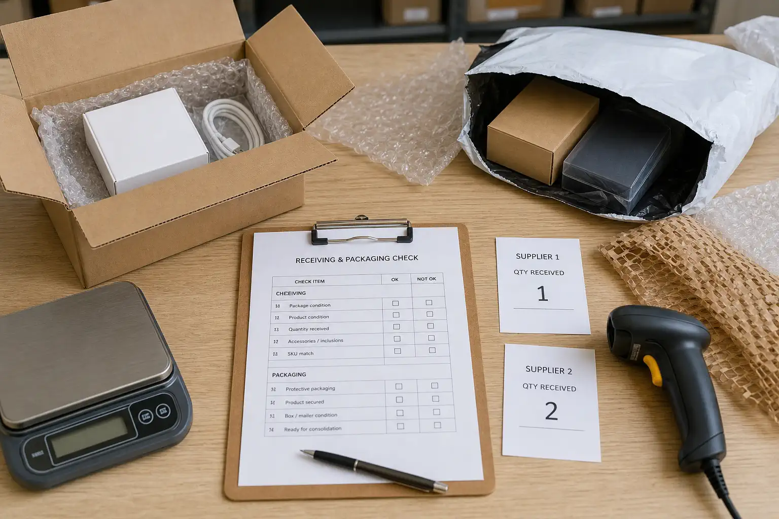 Packing table with supplier parcels inspection checklist and packaging materials