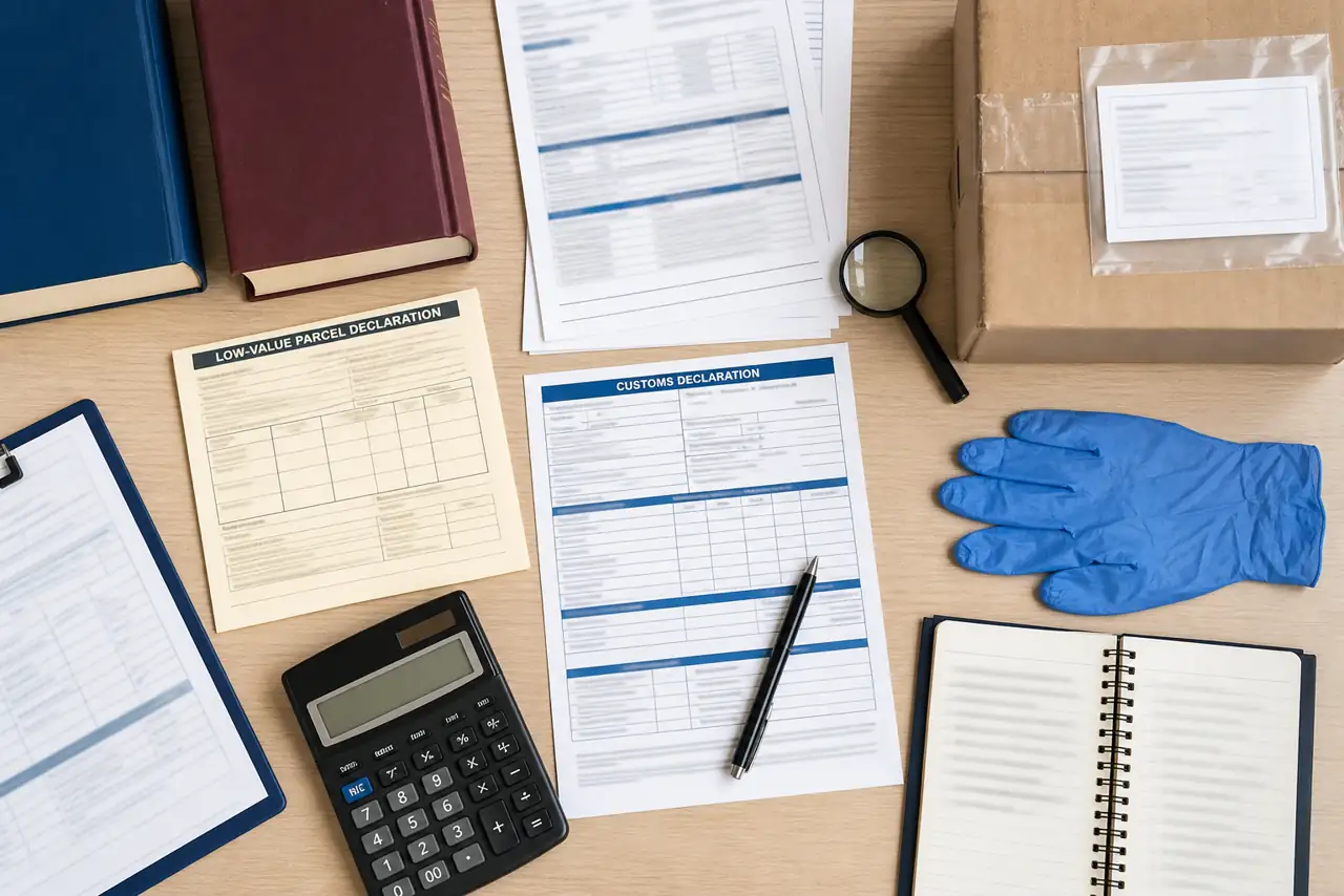 A customs and ecommerce policy review desk with low-value parcel declarations