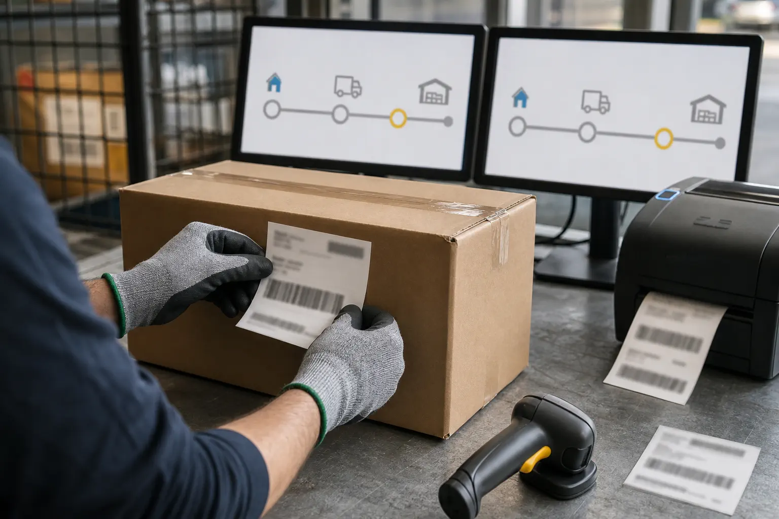 A parcel at a transfer station receives a new domestic barcode while two tracking systems update