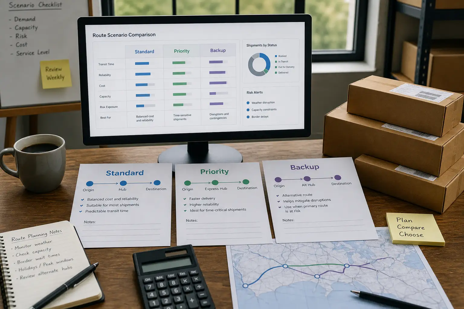 Route decision dashboard comparing standard priority and backup shipping options