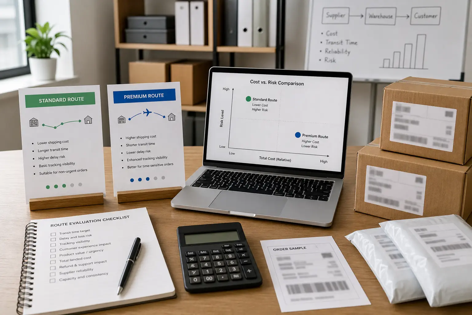Shipping route cost and refund risk review desk