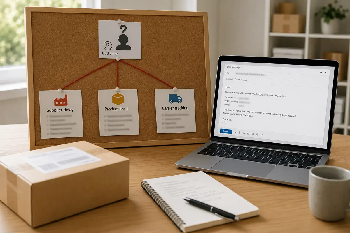 An ecommerce investigation board showing supplier delay, product issue and carrier tracking as separate causes of shipping complaints.