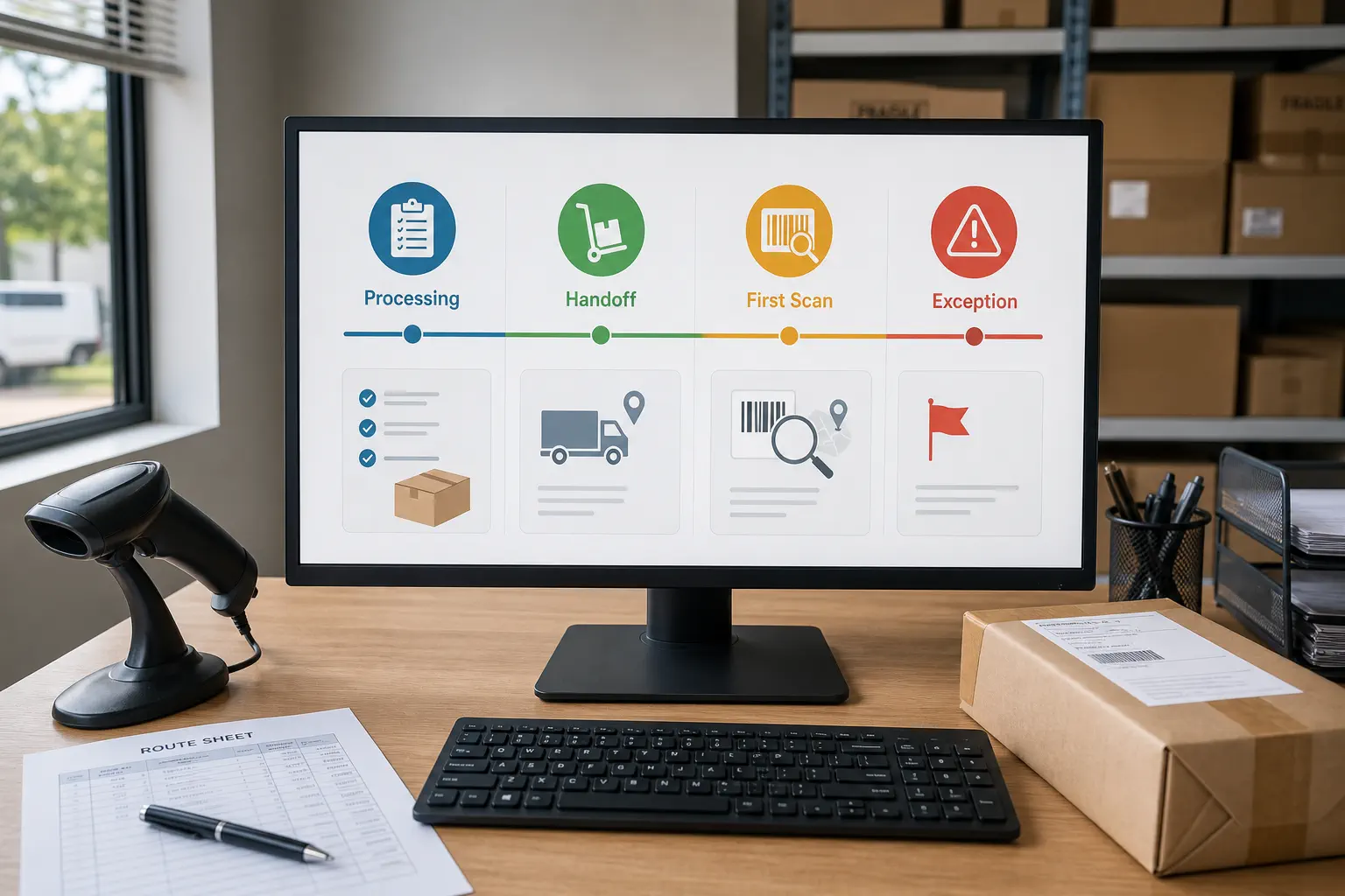 A realistic shipping operations dashboard separating processing time, carrier transit, first scan, and exception ownership
