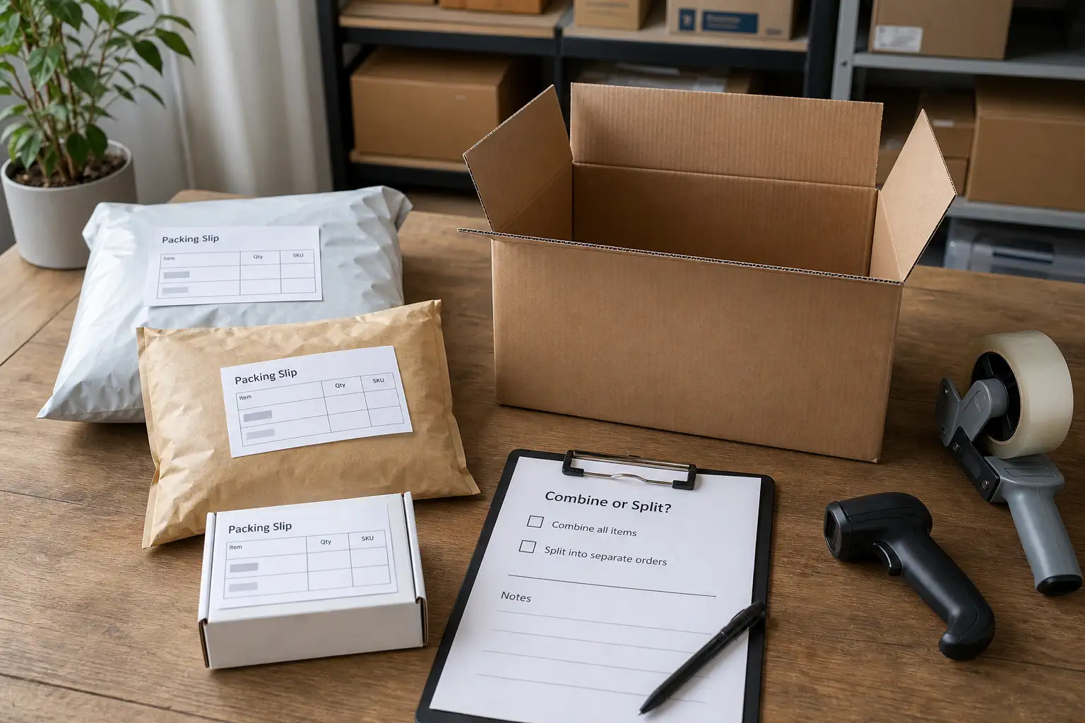 Packing table with three supplier parcels being reviewed for one combined customer order