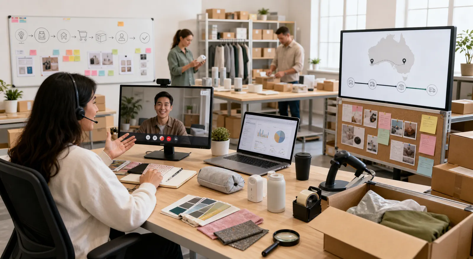A private-agent contact coordinates new-product samples, quality checks, repeat orders, packing, tracking, and issue resolution through one workflow