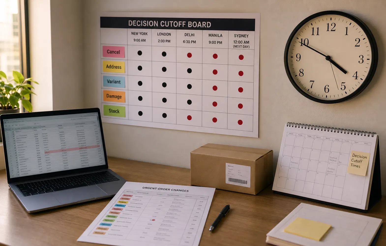 Order change decision board with cancellation address variant damage and stock checkpoints beside a clock