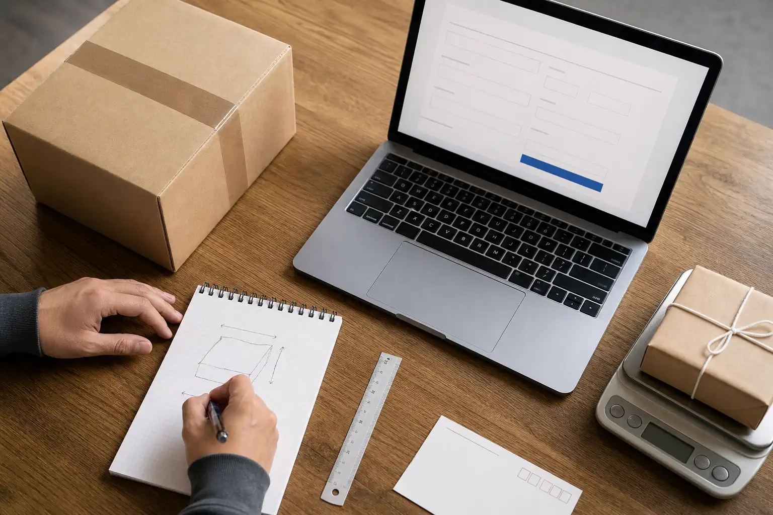 Hands recording parcel dimensions beside a laptop with a generic shipping calculator