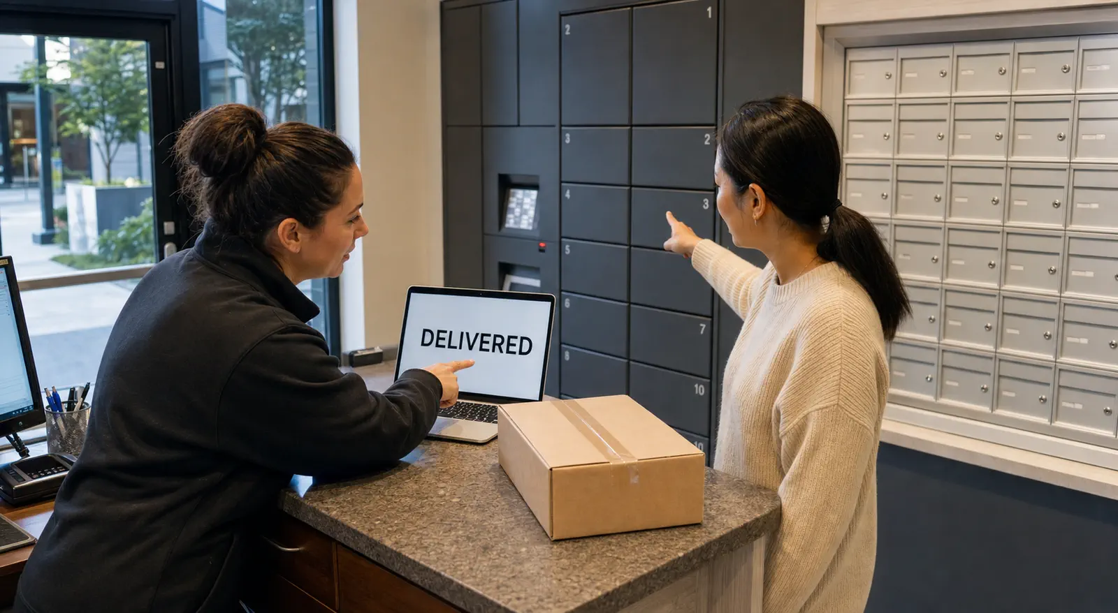 A support specialist compares a delivery scan with a mailbox locker and address checklist