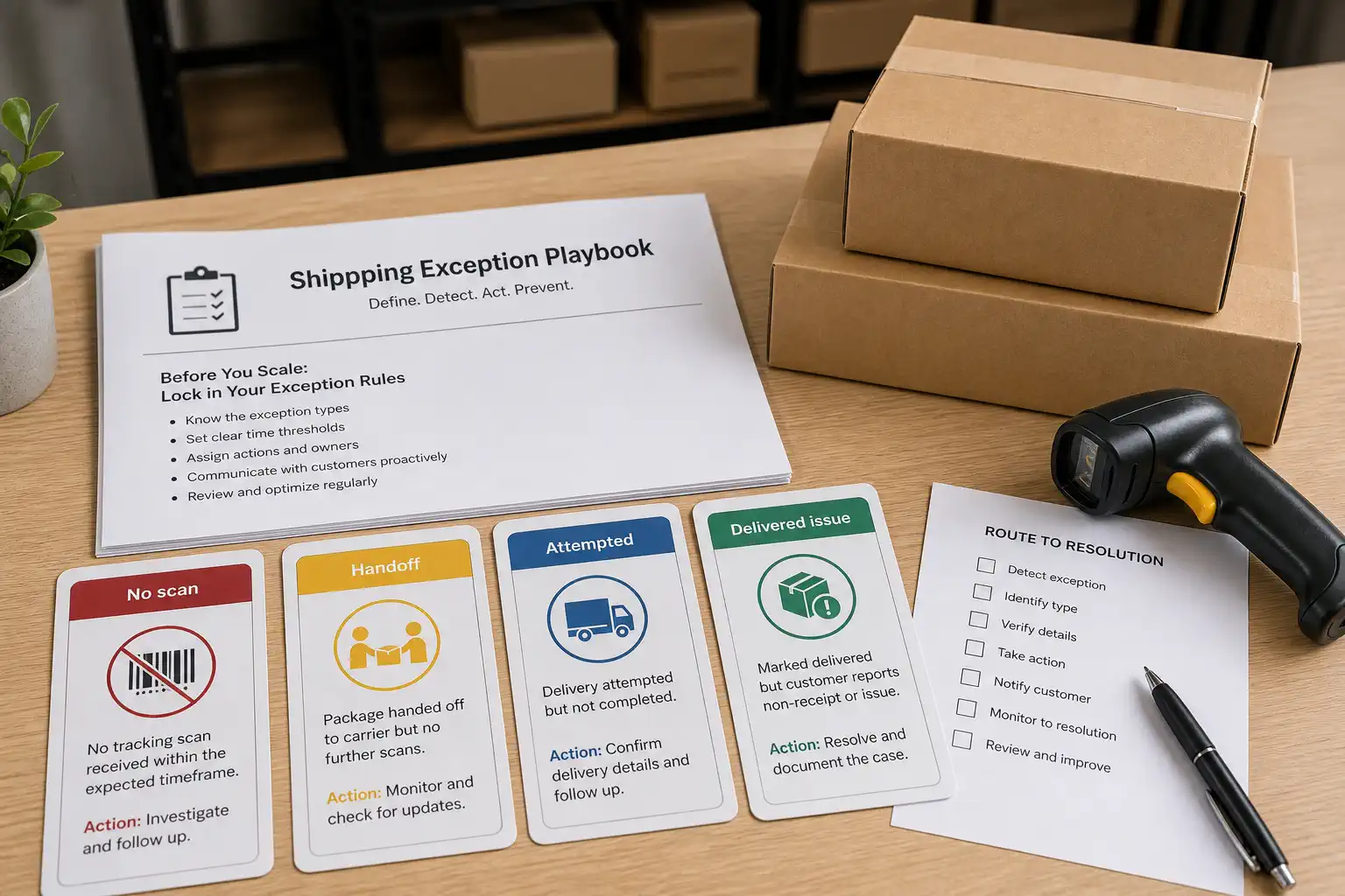 Shipping exception playbook with no-scan handoff attempted and delivered issue cards