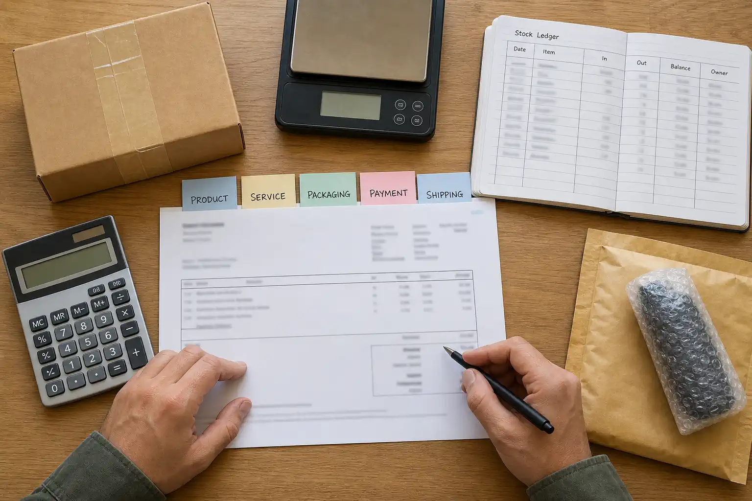 A landed-cost review desk showing product, service, packaging, payment, and shipping cost categories without invented figures