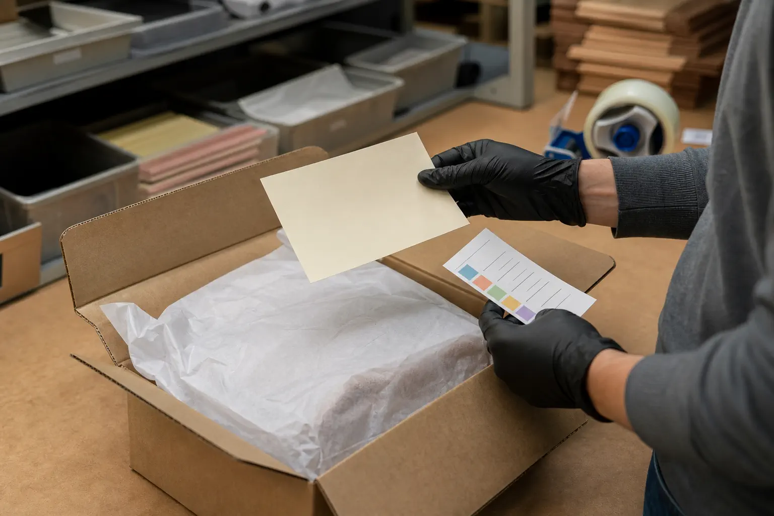 Hands checking the correct card position inside a parcel before sealing