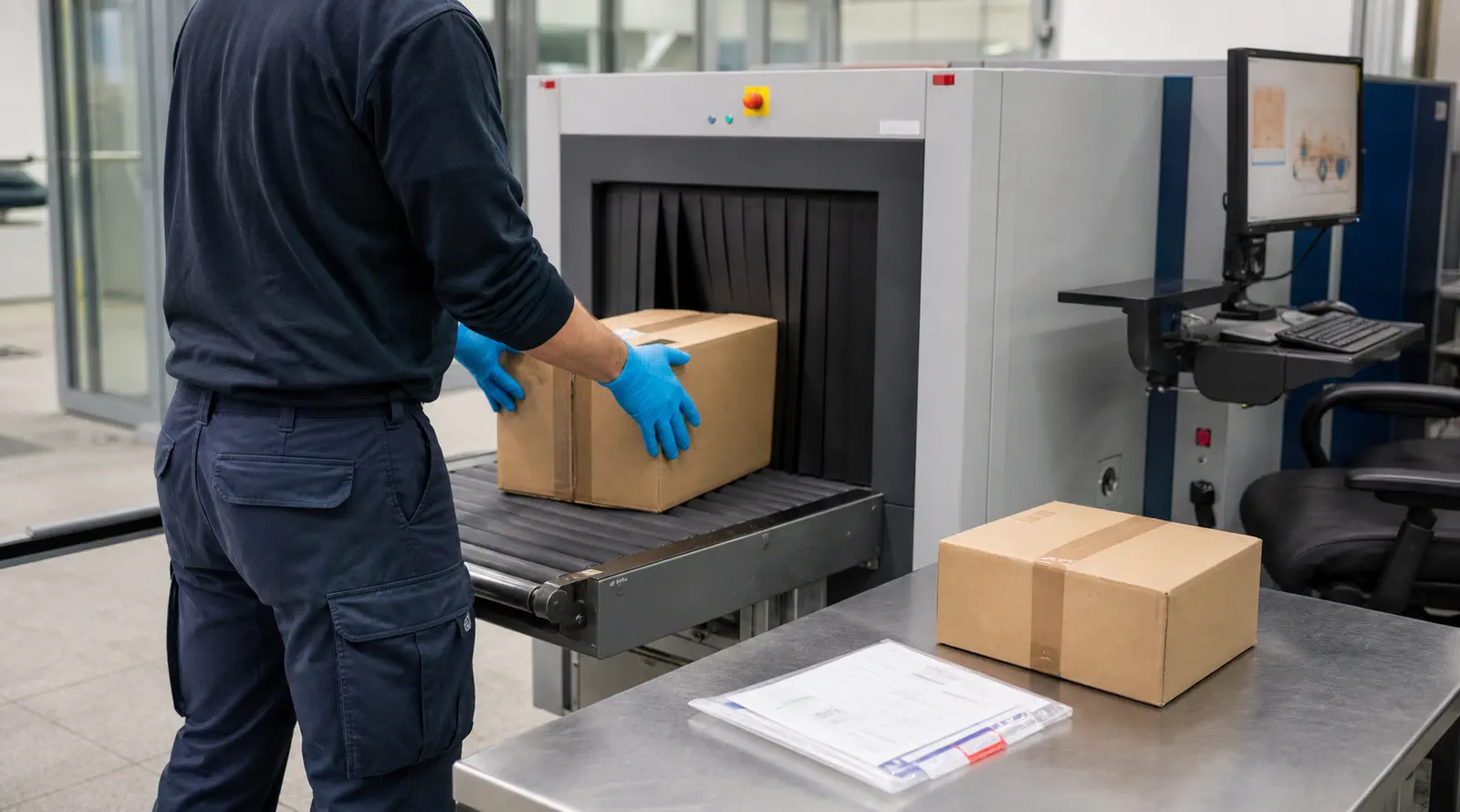 Unbranded parcels and documents undergoing a realistic customs X-ray inspection