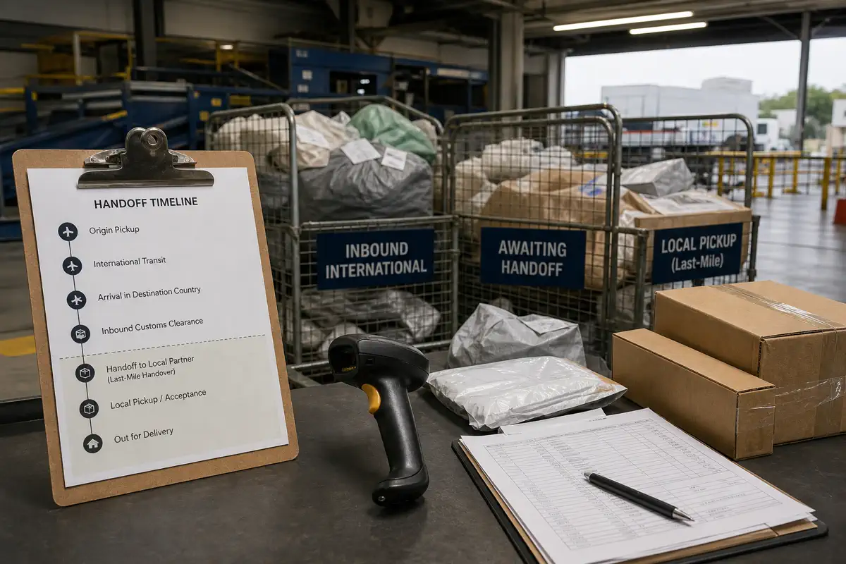 A neutral parcel transfer area with sacks, bins, scanner station and handoff clipboard showing the gap between air transit and local delivery.