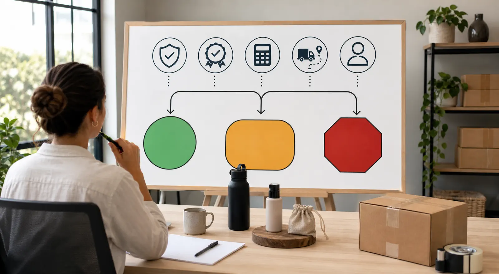 An ecommerce operator uses a go, revise, or stop decision board for an Australian product based on compliance, demand, margin, delivery, and supplier accountability