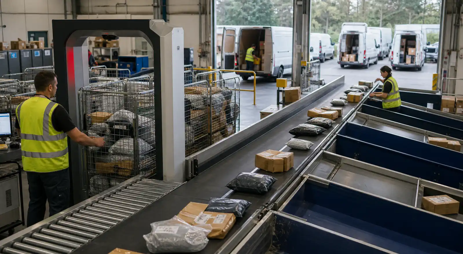 Parcels are inducted and sorted into local delivery lanes at a regional hub