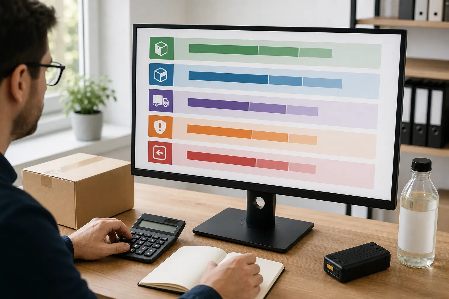 Business dashboard on a monitor comparing product cost, compliant packing, approved route, hold risk, and returns
