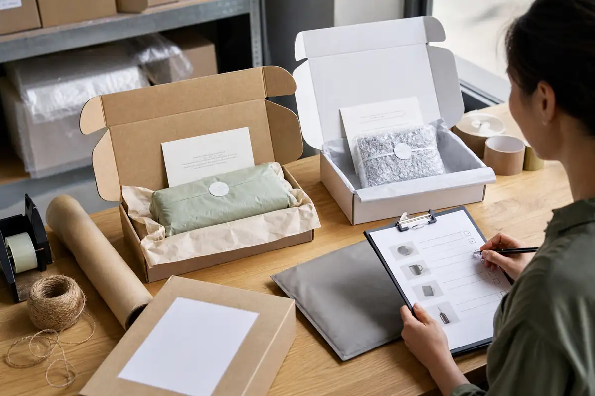 Packing station with inserts, protective wrap, parcel, and packaging confirmation checklist