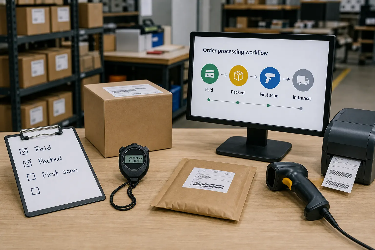 Packing station workflow showing paid packed and first scan checkpoints