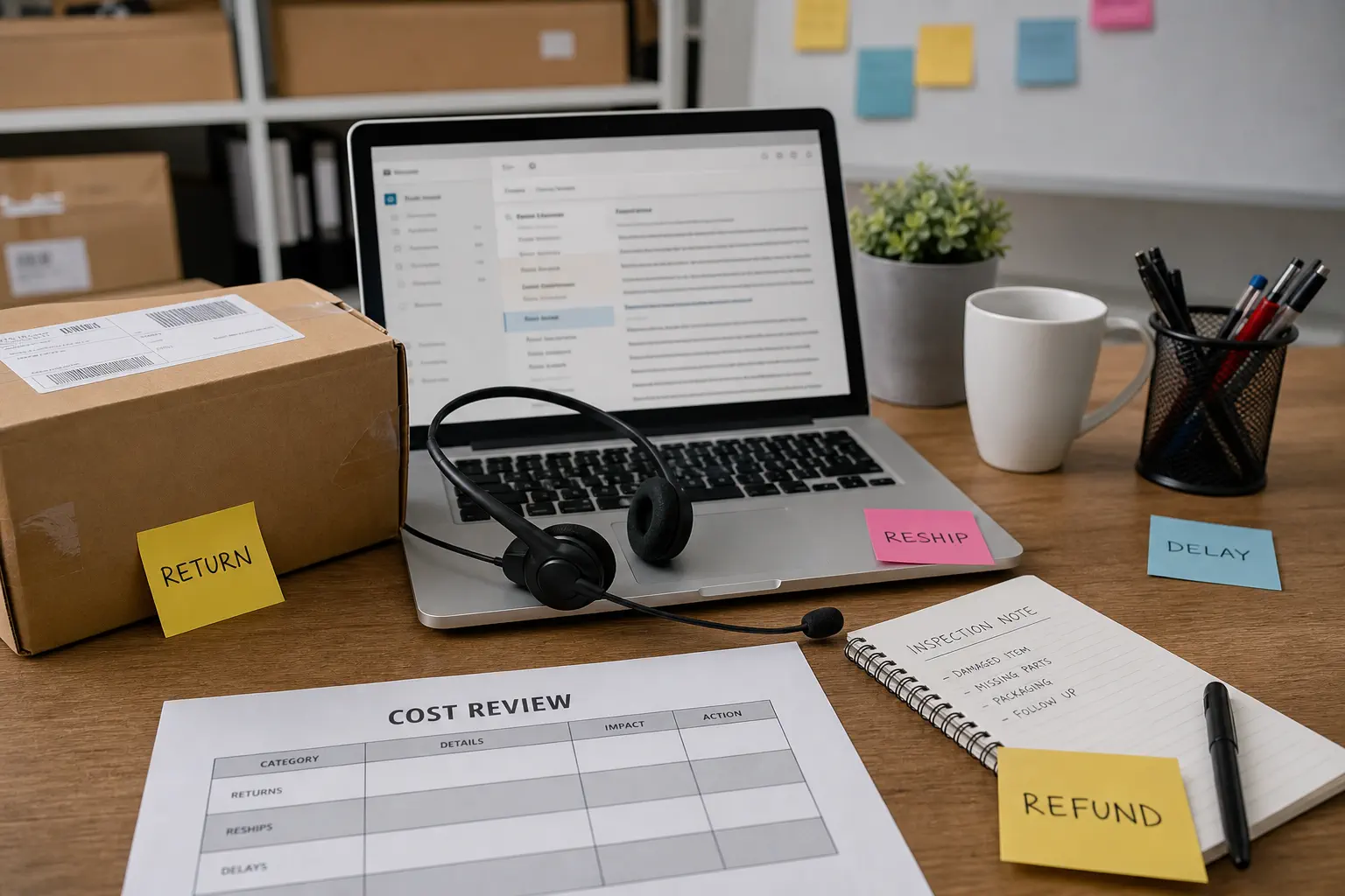 Customer support desk with refund reship return and delay labels arranged around parcel records