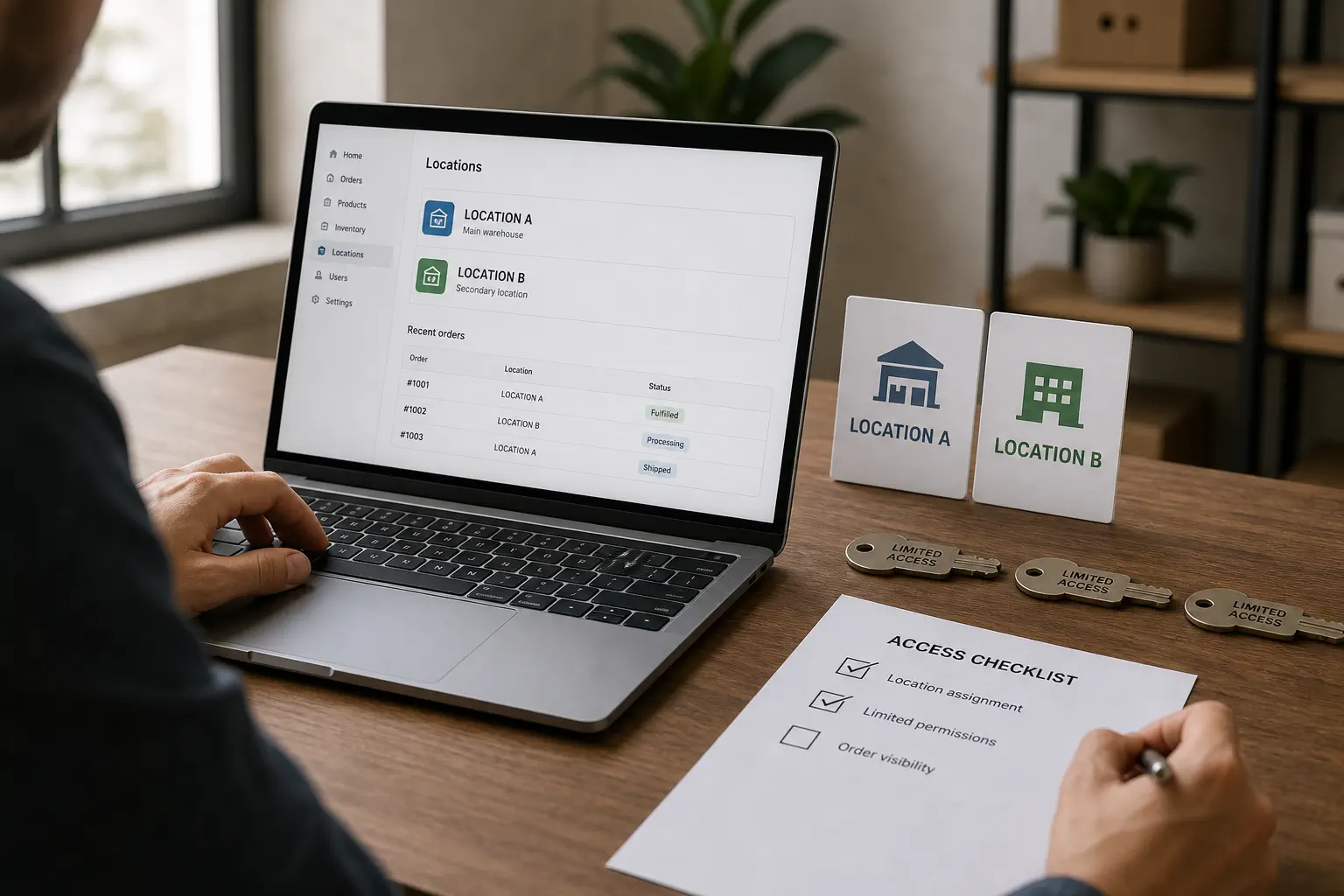 Shopify migration control desk with location assignment permissions and order status checks