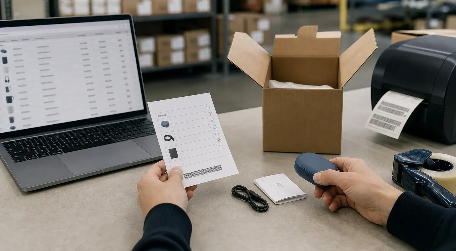 Packing table comparing digital order data with a physical product accessory and label check before dispatch