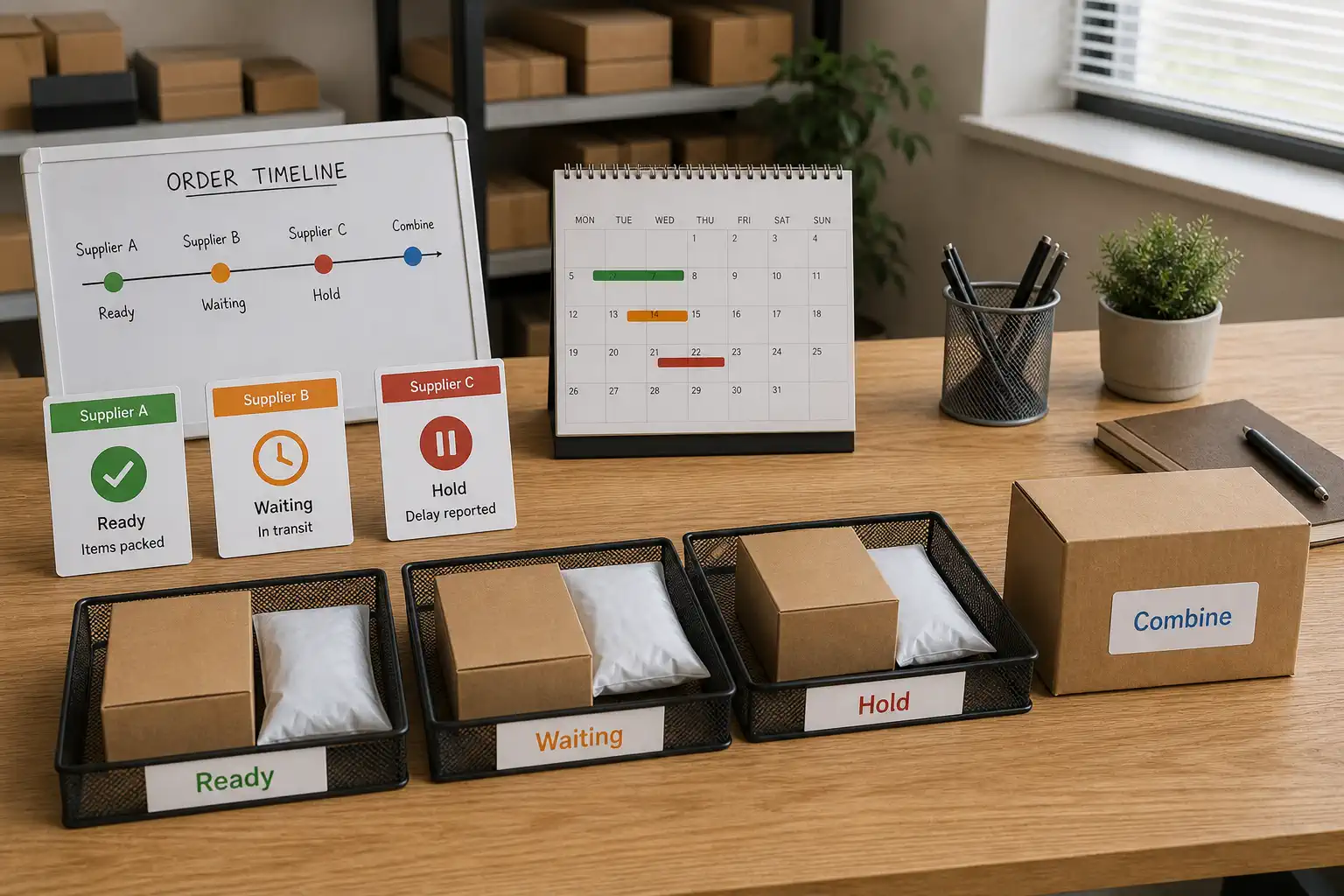 Supplier timeline board with ready waiting hold and combine status cards