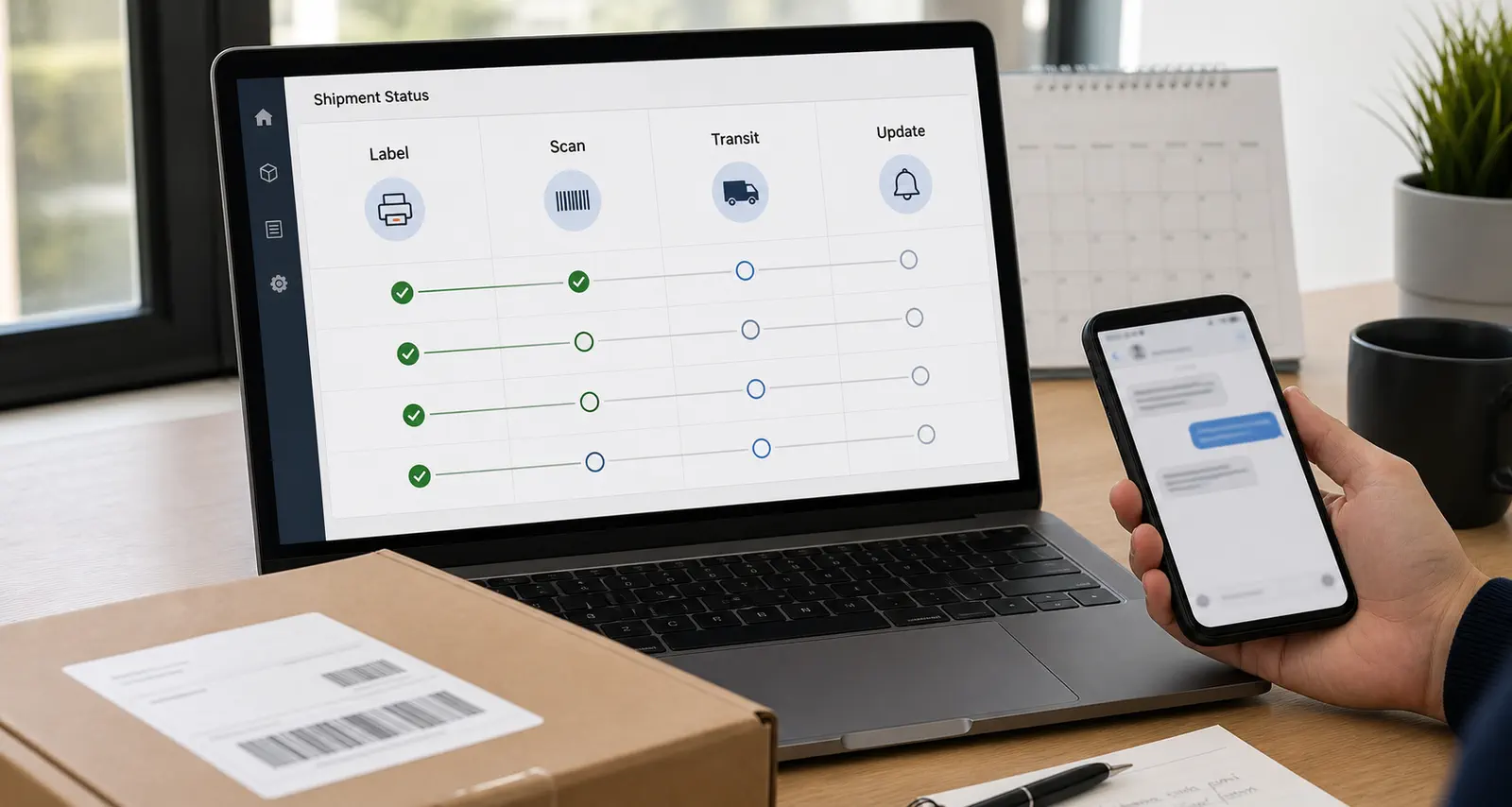 Tracking transparency dashboard with parcel status and customer update workflow