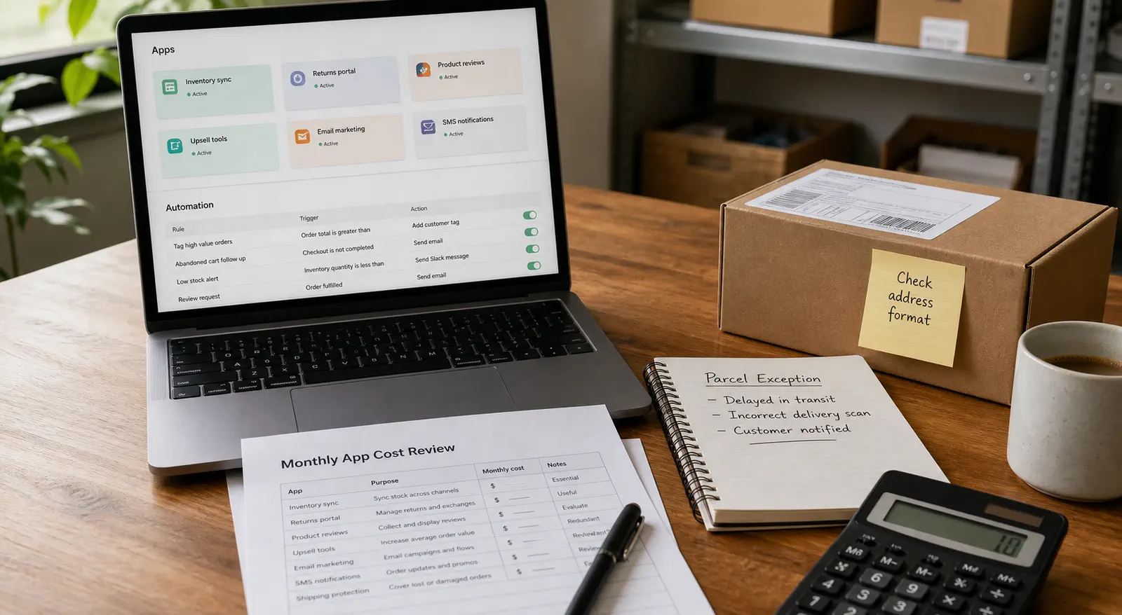 Ecommerce operator reviewing app subscriptions automation rules and manual exception notes