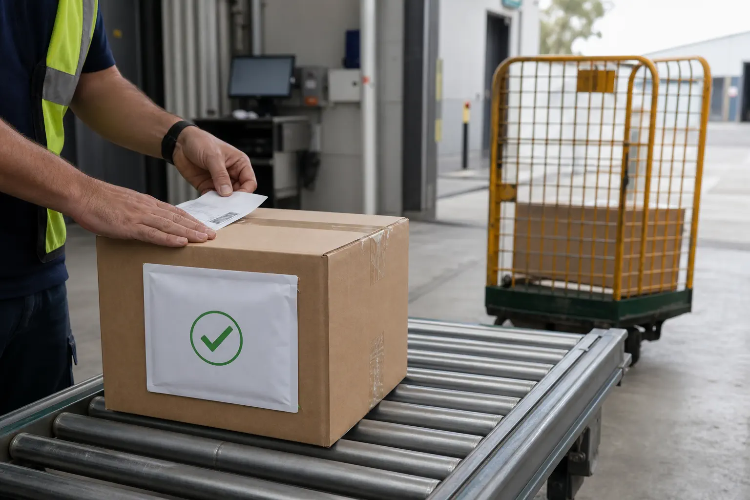 Released parcel moving from a customs terminal toward local-carrier handoff